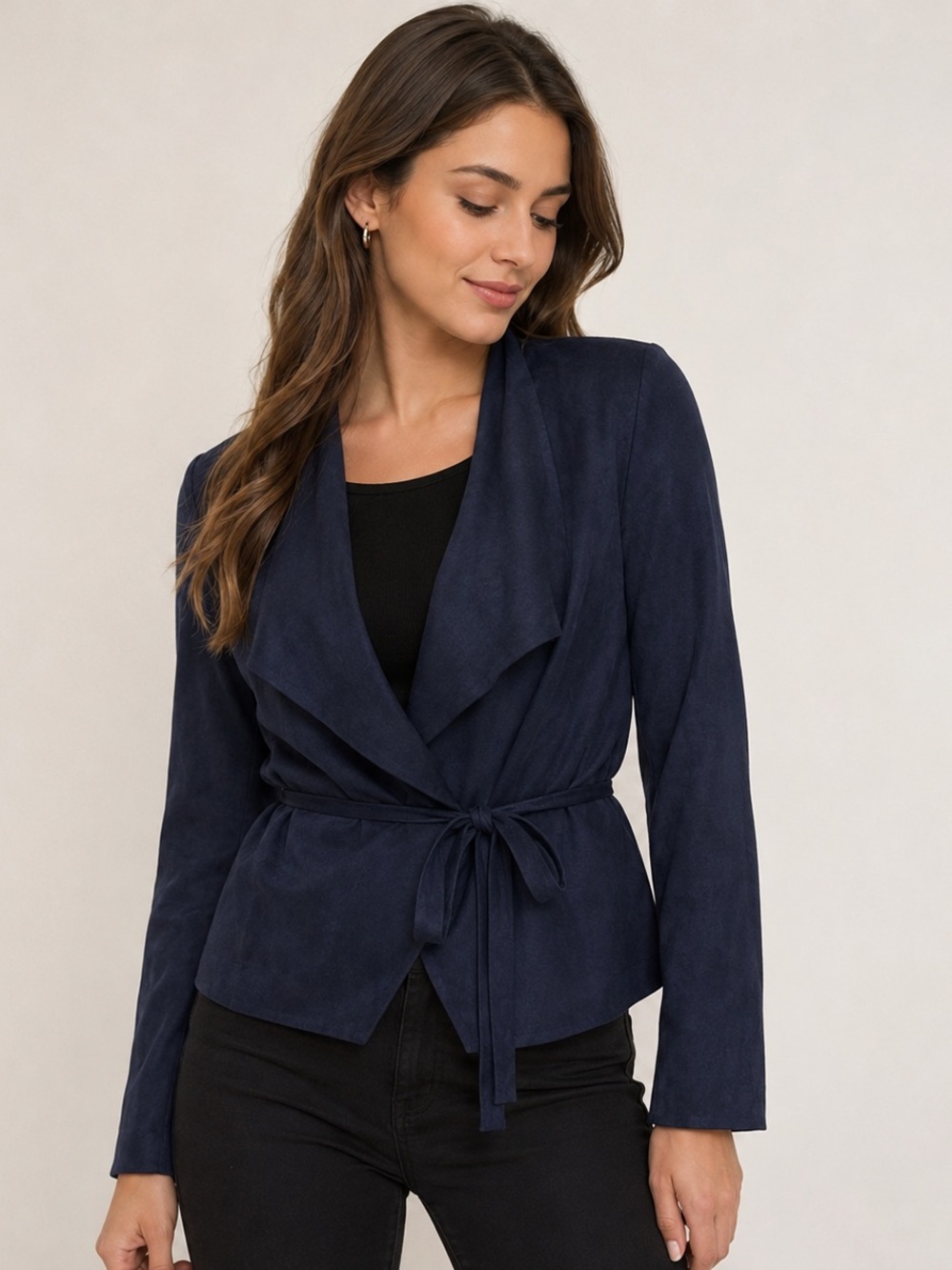 Jacqueline de Yong Navy Faux Suede Waterfall Tie Jacket